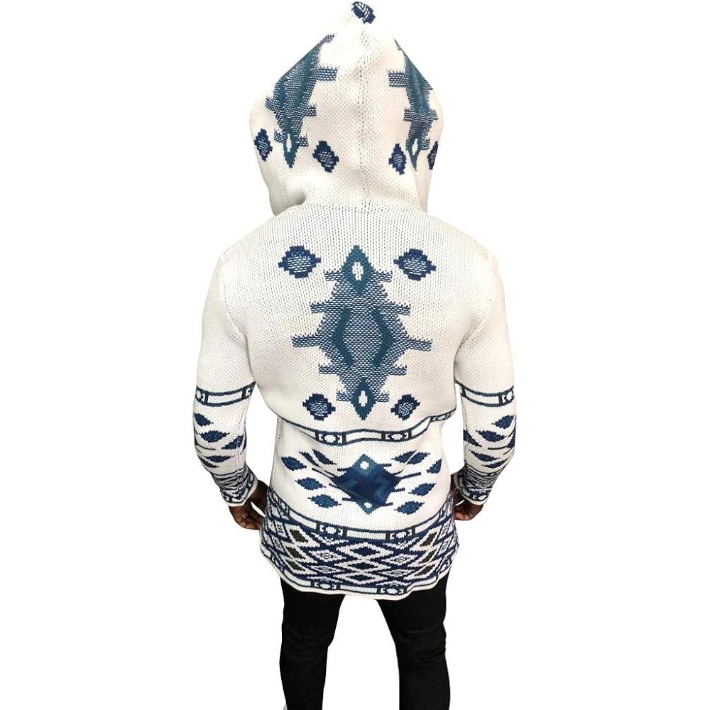 One In A Million Geometric Tribal Hooded Zip Cardigan Sweater White Blue L Aztec